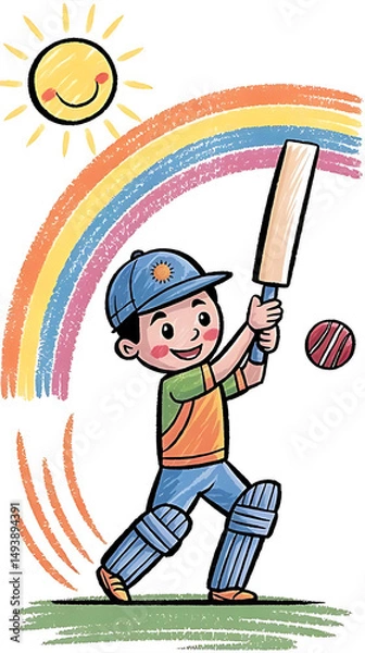 Obraz Cheerful illustration of a child playing cricket under a rainbow and sun