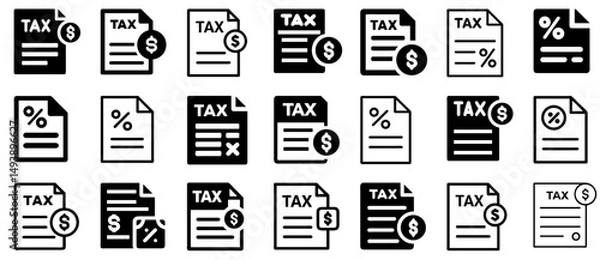 Fototapeta Tax Form Return Icon Set – Tax Filing, Finance, Government Document:
Comprehensive set of tax form and return icons, perfect for tax filing, accounting, government documents, and financial reporting.