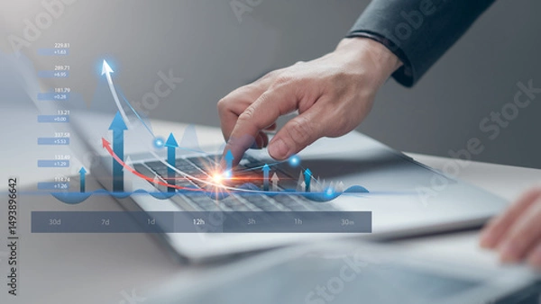 Fototapeta Man touching  growth graph business strategy arrow up concept on economy investment income target and goal increase achievement.  