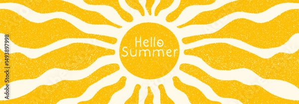 Fototapeta Sun groovy retro horizontal background. Sun burst hippie banner with vintage grain texture, hand drawn abstract wavy doodle pattern with text Hello summer. Modern Matisse style vector illustration