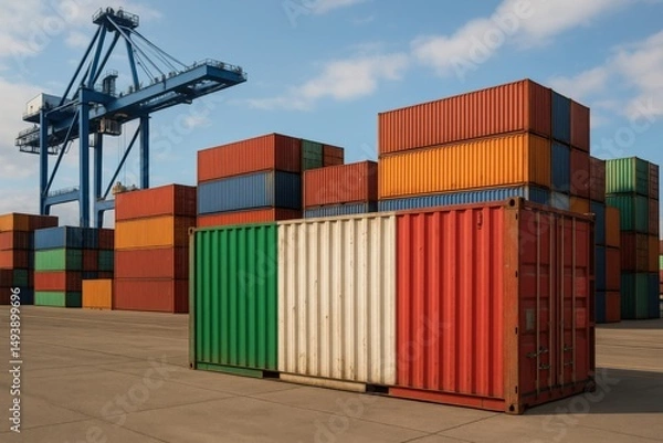 Fototapeta Shipping container painted with the Italian national flag, placed at an international freight terminal, symbolizing global trade and exports.
