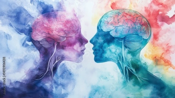Fototapeta Watercolor painting of two heads facing each other, showcasing exposed brains with vibrant colors and neural pathways.