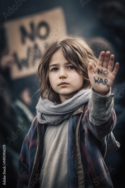 Fototapeta Young girl at a demostration with text "no war" on one of her hands