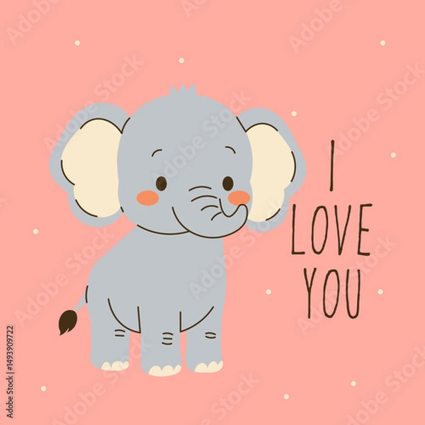 Obraz Cute flat style illustration of a smiling baby elephant with text I love you, ideal for nursery prints, greeting cards, children s designs, and adorable animal-themed projects.