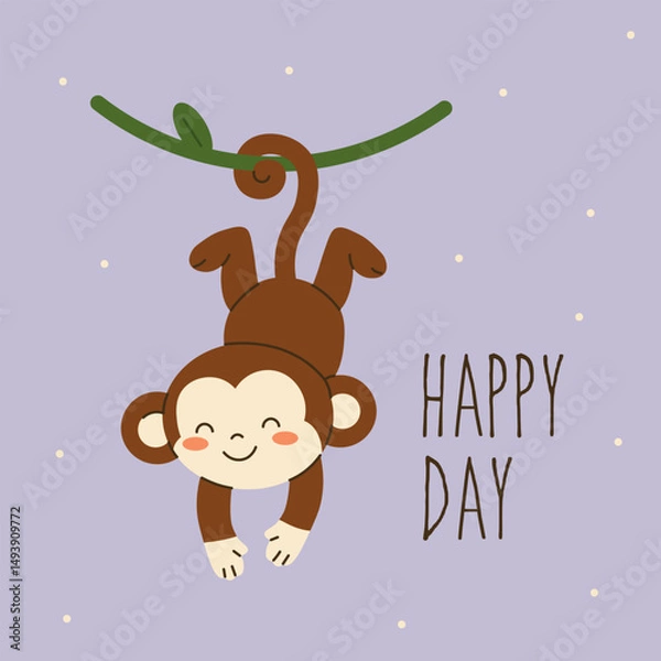 Obraz Cute flat-style illustration of a smiling monkey hanging by its tail from a branch with the text Happy Day , ideal for kids' products, cards, and cheerful jungle-themed designs.