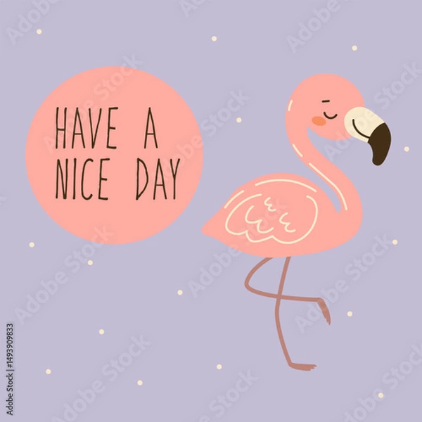Obraz Flat style illustration of a smiling flamingo with a cute expression and uplifting message on a pastel background, perfect for children's products, greeting cards, or cheerful decorative designs.