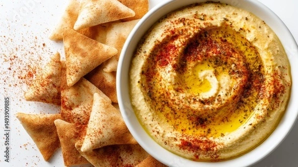 Obraz Bowl of Hummus Topped With Olive Oil Swirl and Crispy Pita Chips Served on a Wooden Table