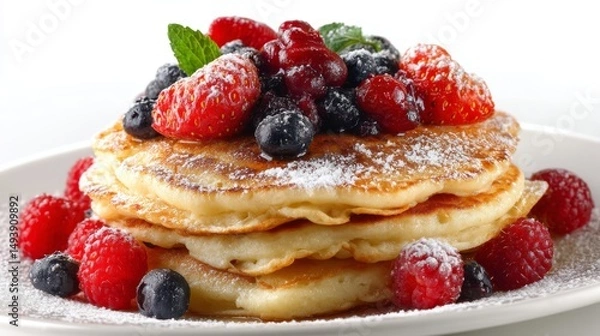 Obraz Delicious Buttermilk Pancakes Topped With Fresh Mixed Berries and Mint Leaves