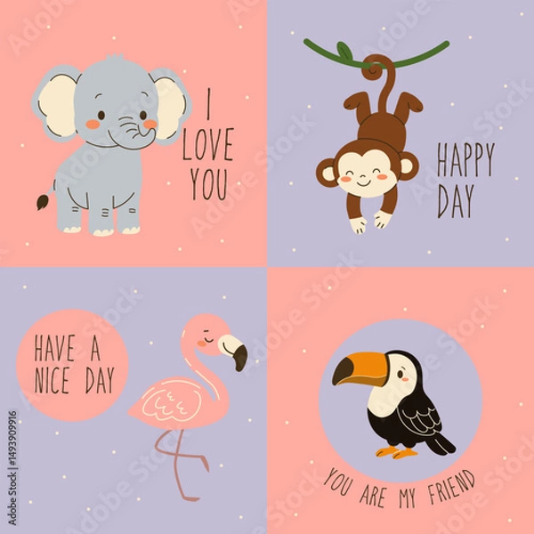 Obraz Cute flat style illustration set of jungle animals with friendly messages, featuring an elephant, monkey, flamingo, and toucan on colorful backgrounds, perfect for children s designs and greeting