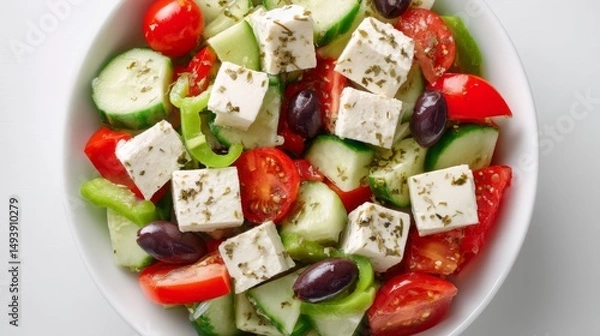 Obraz Vibrant Greek Salad With Fresh Vegetables and Feta Cheese Ready to Serve on a Sunny Day