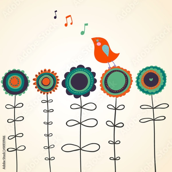 Obraz Bird is singing on flowers