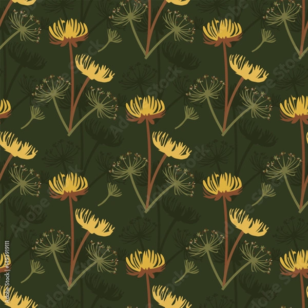 Obraz Vector seamless floral pattern with dandelion flowers on green background