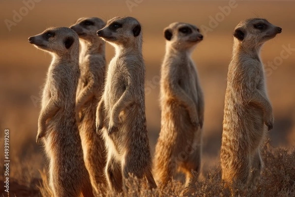 Fototapeta A meerkat group on sentry duty in the desert