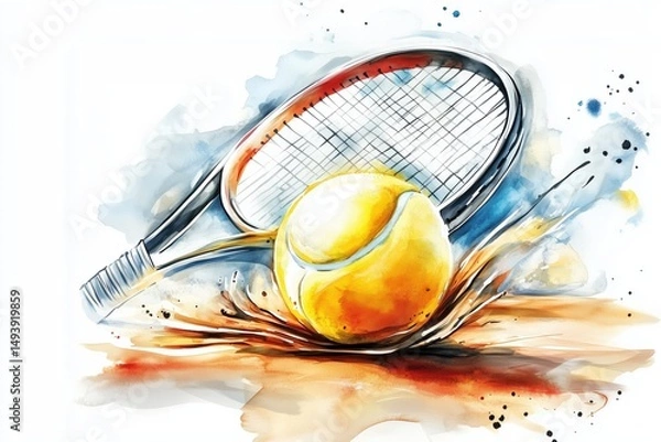 Fototapeta Dynamic tennis splash: vibrant watercolor illustration of racket and ball