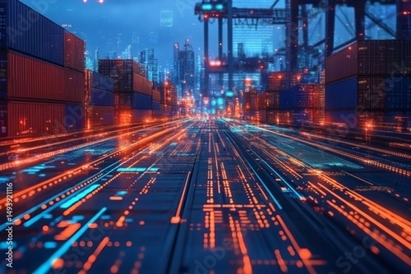 Fototapeta Futuristic blue background with virtual screen showing import tariffs, economic charts, and rising trade growth indicators
