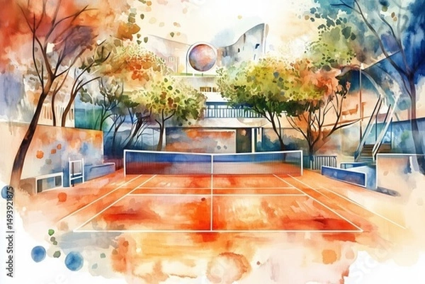Fototapeta Vibrant abstract watercolor of a tennis court surrounded by trees and architecture