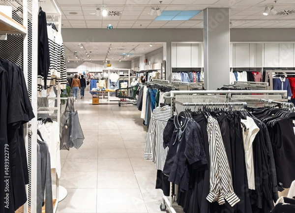 Obraz Wide view of a modern clothing store interior showing neatly arranged racks of women s fashion with black and white garments, fitting areas, and shoppers browsing in the background