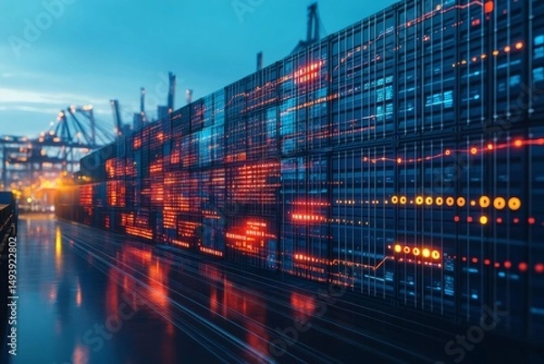 Fototapeta Import tariffs concept with increasing trade growth and economic data graphics on futuristic virtual screen background in blue business environment,


