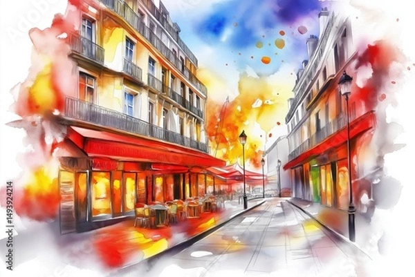 Fototapeta Vibrant urban street with colorful cafés and artistic background