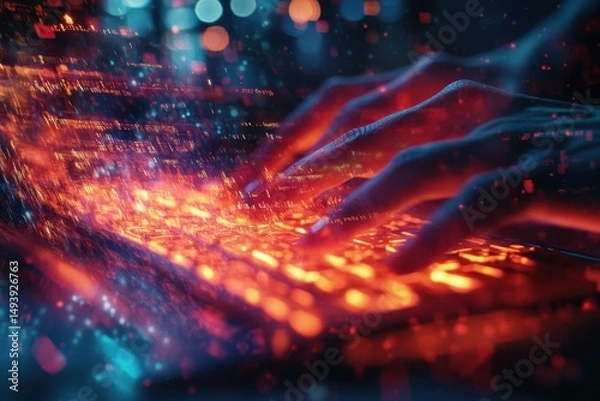 Fototapeta Electric fingers create a smoky atmosphere over a glowing keyboard in a dimly lit room, capturing intense engagement with technology