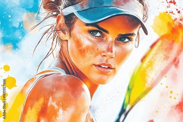 Fototapeta Young caucasian female tennis player in colorful artistic style with racket