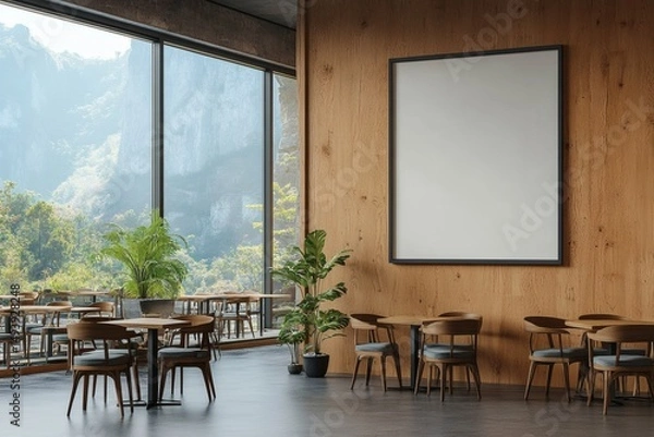 Fototapeta 3D rendering of cafe interior with wooden wall poster mockup, empty seating, and large windows showing mountain landscape
