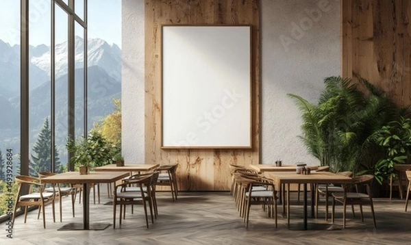 Fototapeta 3D rendering of cafe interior with wooden wall poster mockup, empty seating, and large windows showing mountain landscape
