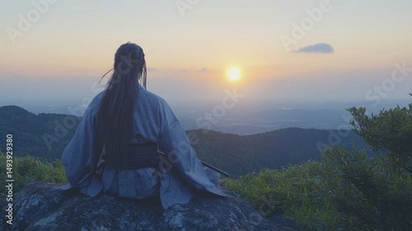 Fototapeta A dramatic sunset serves as the backdrop for a samurai standing before a pagoda-style temple, symbolizing the peaceful and cultural heritage of ancient Japan
