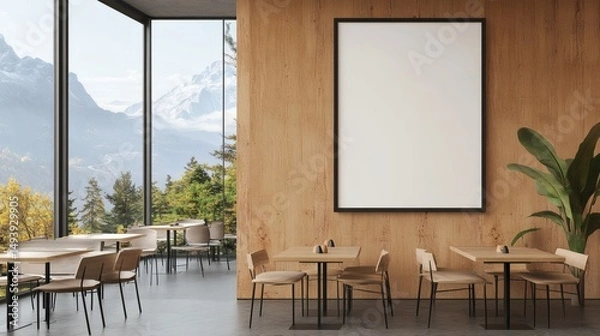 Fototapeta Blank framed poster mockup on wooden wall in modern bright cafe interior with empty tables and mountain view through large windows. 3D Rendering,
