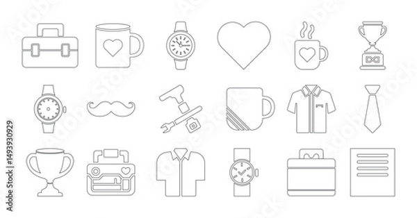 Fototapeta Father’s Day outline icon set featuring mustache, watches, mugs, shirts, tools, trophies, ties, toolbox, document, and heart for dad-themed design and celebration visuals