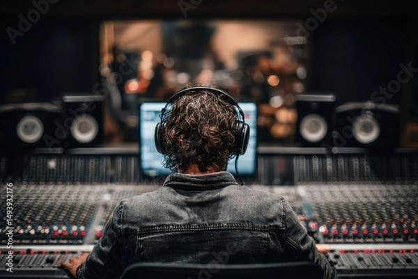Fototapeta A music producer mixing tracks in a recording studio
