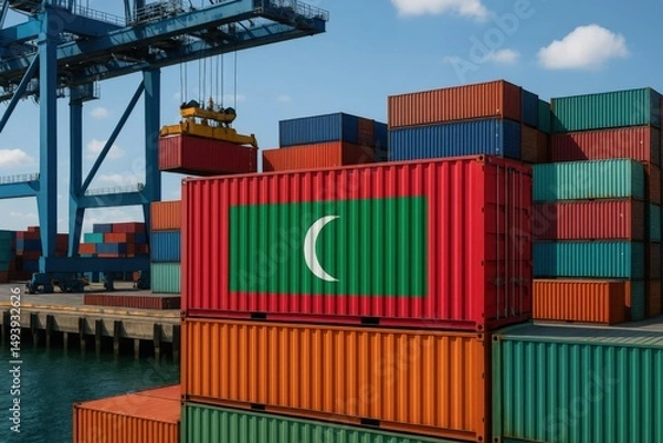 Fototapeta Shipping container painted with the national flag of Maldives, positioned at an international cargo port, symbolizing trade and logistics. Maldives flag on shipping container at port

