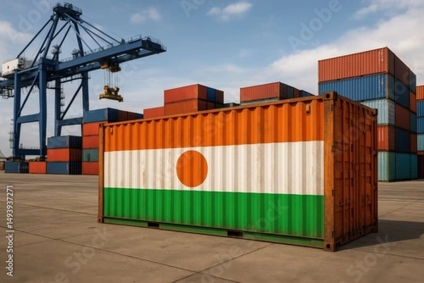 Fototapeta Industrial cargo container painted with the flag of Niger at a busy shipping port, symbolizing global trade and African exports.
