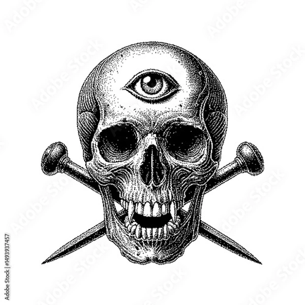 Obraz Detailed skull illustration with an eye, surrounded by crossed bones