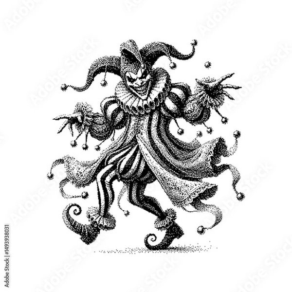 Obraz A whimsical jester in monochrome, showcasing playful movement and intricate detailing