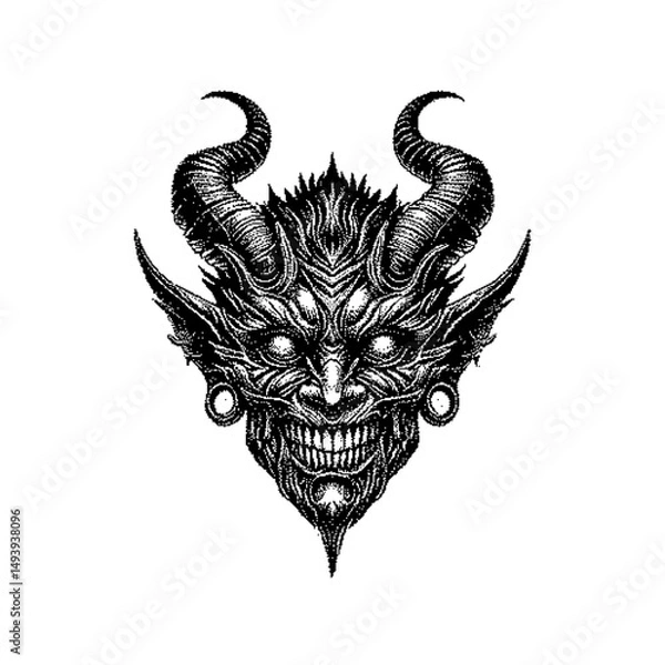 Obraz Intricate black and white illustration of a demon face with horns