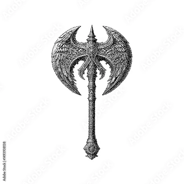 Obraz Intricate black illustration of a double-headed axe with ornate details