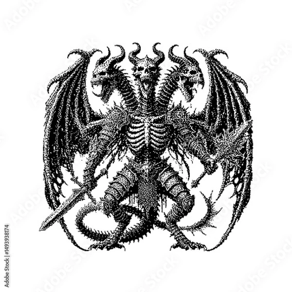 Obraz Intricate black and white illustration of a two-headed dragon with skeletal features