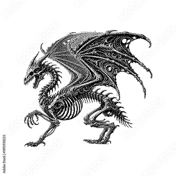 Obraz Intricate black and white dragon illustration featuring skeletal details and sharp wings