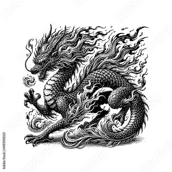 Obraz Intricate black and white illustration of a mythical dragon with flames