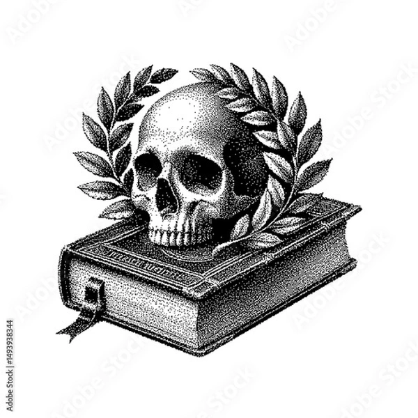 Obraz Skull atop a vintage book with laurel leaves, showcasing dark academia style
