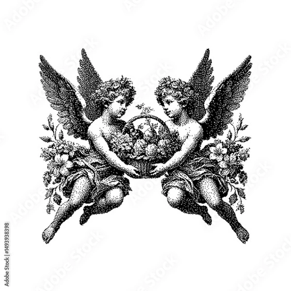 Obraz Two cherubic angels holding a circular floral arrangement in a vintage style