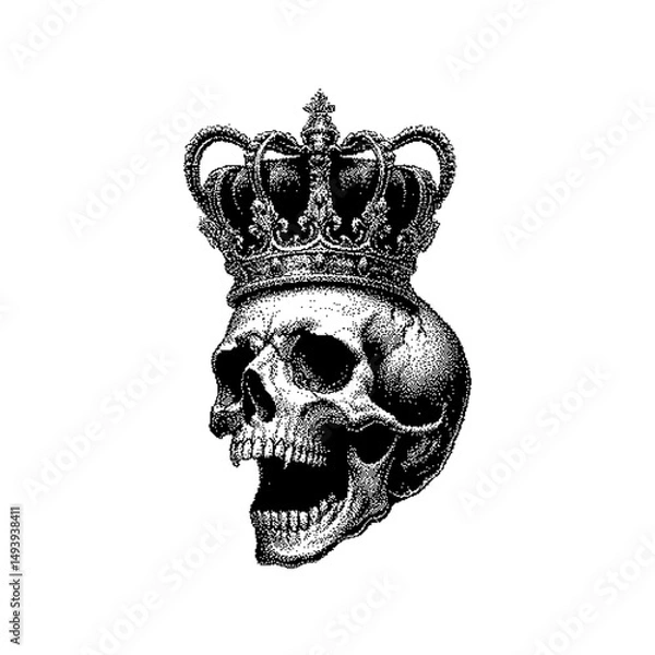 Obraz A detailed illustration of a skull wearing a crown, featuring gothic elements.