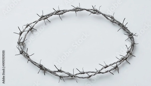Obraz Oval Shaped Barbed Wire Fence on White Background Security and Protection Concept