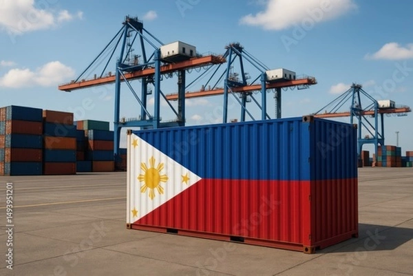Fototapeta Philippine flag-themed shipping container with port cranes and stacked containers in the background, showing global trade logistics.

