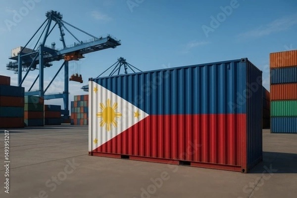 Fototapeta Angled cargo container decorated with the flag of the Philippines, placed at a modern maritime shipping terminal under clear skies. Shipping container with Philippine flag design

