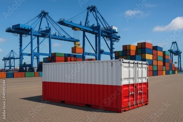 Fototapeta A red and white cargo container resembling the Polish flag stands in a large industrial shipping port surrounded by cranes and stacked containers.

