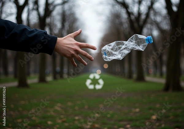 Fototapeta Recyclable plastic bottle thrown in the park near recycling sign with hand reaching for it suggesting littering problem