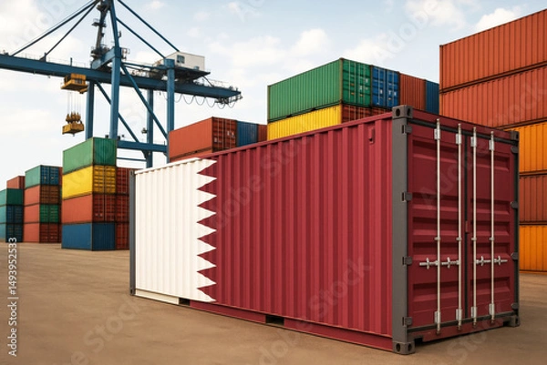 Obraz Qatar-flagged cargo container placed at a port logistics hub, useful for topics on Gulf trade, shipping infrastructure, and international logistics.
