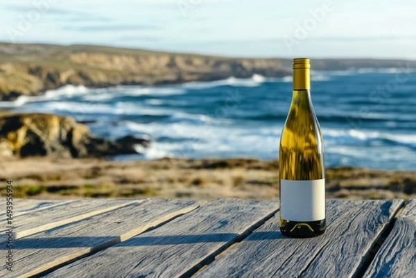 Fototapeta  Wine bottle mockup on rustic table by Galician coast, Spain, showcasing scenic landscape for branding.